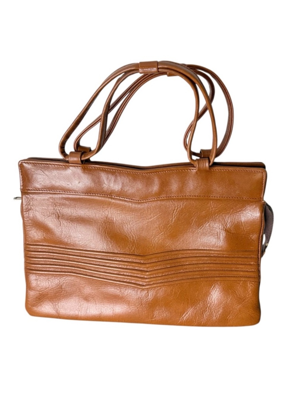SUZY SMITH Vintage Cognac Brown Leather Handbag Zipper Closure Ribbed Detailing